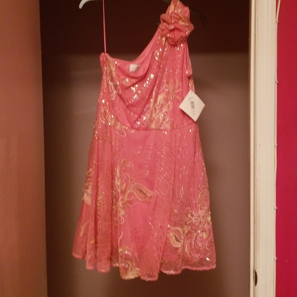 Coral and gold one shoulder dress